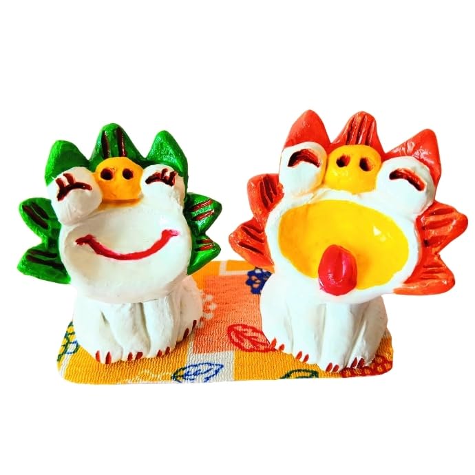 Okinawa Souvenir Lucky Charm Smiling Shisa Figurine Pair Mini Indoor Use Handmade - - - - - - (Green & Orange)