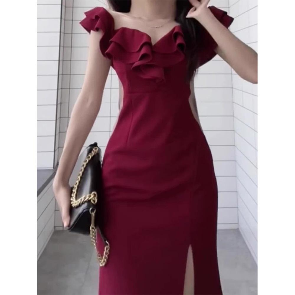 Temperament Banquet Dress Temperament Split Fork Waist Hip Fish Tail French Long Dress One Word Shoulder Dress