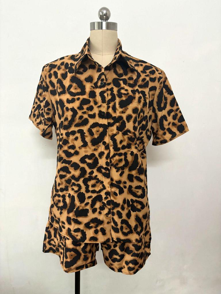 Leopard Print Short Sleeve Shirt & Shorts Set - Women's Summer Two-Piece
