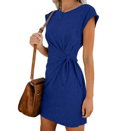 2019 Women's European & American Round Neck Tie Waist Loose Short Sleeve Dress