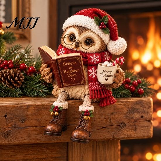 Resin Reading Owl Statue Book Lover Shelf Sitter Figurine, Statue, Whimsical Forest Animal Ornament Farmhouse Tabletop for Bookshelf Home Decor,
