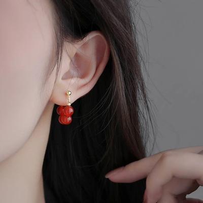 925 Silver French Style Vintage Red Agate Earrings Female Special-Interest Design High-Grade Earrings Ins Ear Festive Joy Earrings