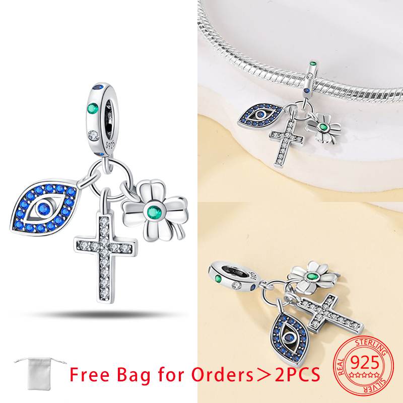 Charm Bead Components Shiny Zircon Blue Devil's Eye and Fatisha's Hand Bead Components Copper Metal Pendant Bead Component Compatible With Do It