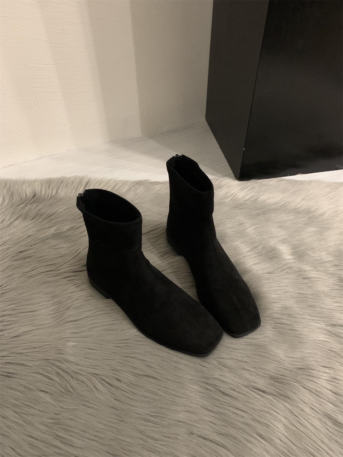 

Осень и зима новая минималистичная мягкая кожа квадратный носок универсальные на низком каблуке ботинки Мартина женские задняя молния плоская подошва тонкие короткие ботинки 39