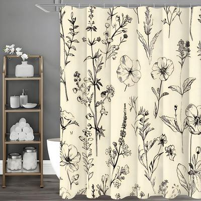 Black Beige Floral Shower Curtain, Bathroom Decorative Shower Curtain, Waterproof Shower Curtain with Hooks