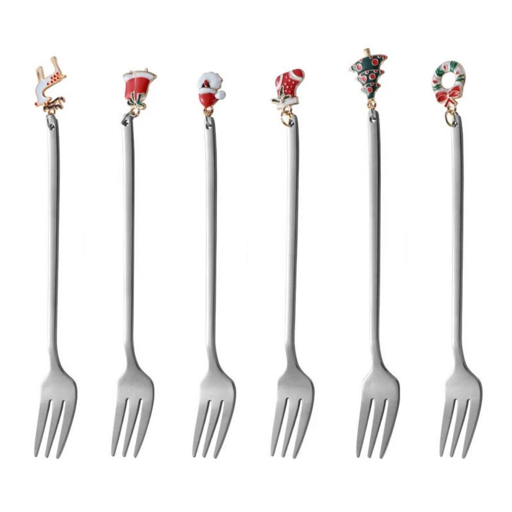6PCS Christmas Spoons Coffee Cutlery Set Stainless Steel Cutlery Set Dessert Spoon Forks Christmas Gifts Elk Christmas Decoratio
