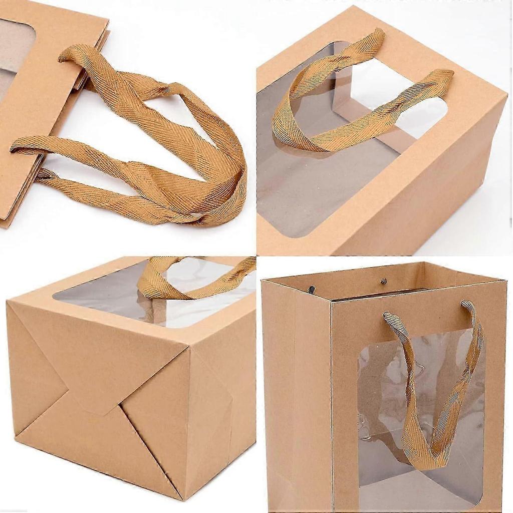 10pcs Gift Boxes With Clear Lids, Cowhide Color Kraft Paper Gift Bags With Handles,Transparent Window Bag Teacher'S Day Flowers Gift Bag