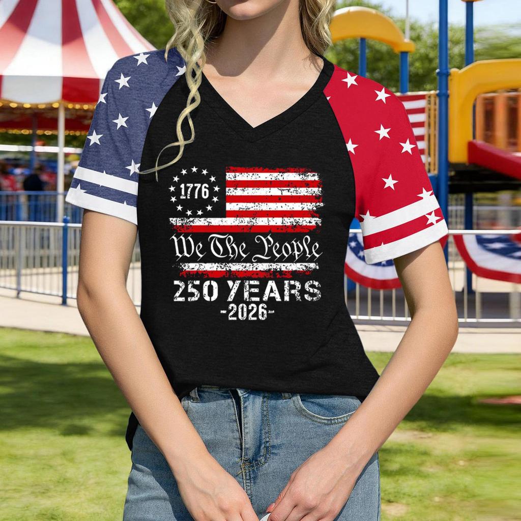1776 0 2026 Women's Casual V-Neck Short Sleeve Pullover T-Shirt Independence Day Print