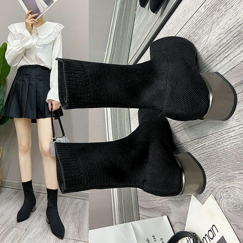 Knitted thin boots fly-woven elastic socks boots black women's shoes 2025 new autumn and winter pointed large size thick heel short boots women
