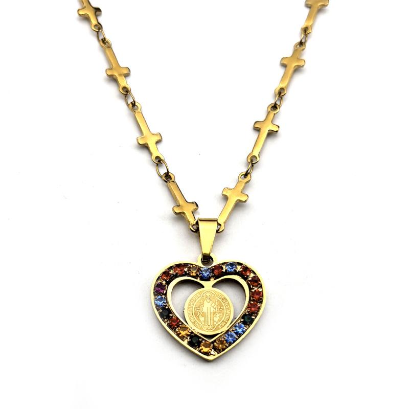 Catholic Saint Benedict Heart Shape Pendant Necklace for Women Men Stainless Steel Gold Color Christian Prayer Chain Jewelry