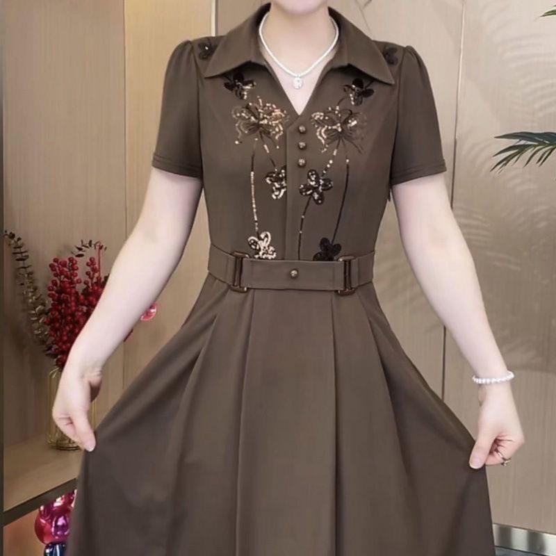 Women Western Style Dress Summer Spring Sequin Long Dresses Middle Aged Mother Elegant Slim Vestidos