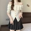 French One-word Shoulder Ruffle Design Short-sleeved Women's Summer Gentle Temperament Is Thin and Beautiful T-shirt Slim Top Ins