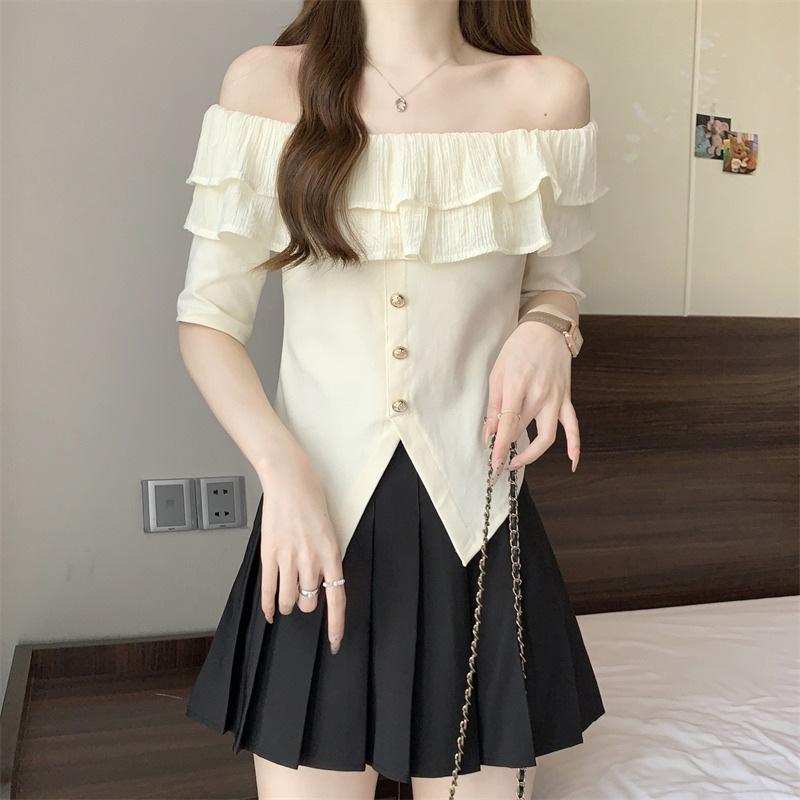French One-word Shoulder Ruffle Design Short-sleeved Women's Summer Gentle Temperament Is Thin and Beautiful T-shirt Slim Top Ins