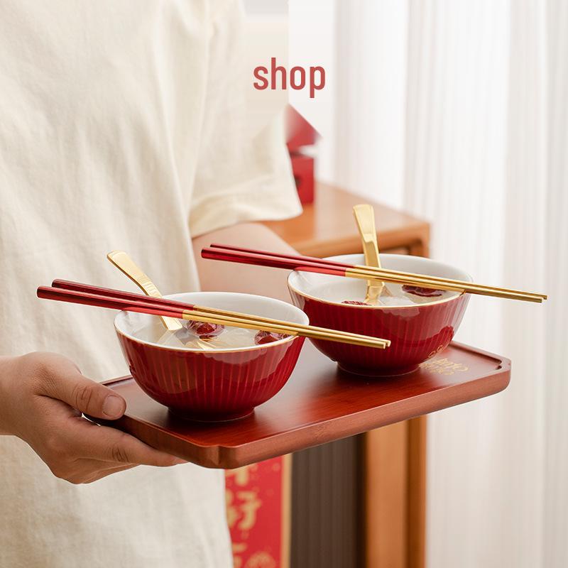 Double Happiness Wedding Bowl & Chopsticks Set: Creative Red Ceramic Gift for Newlyweds