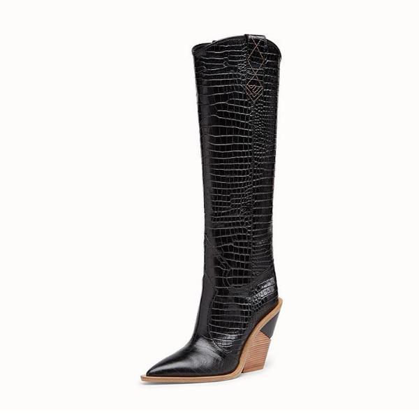 Leather women knee high boots pointed toe western cowboy boots women mid-calf chunky wedge boots
