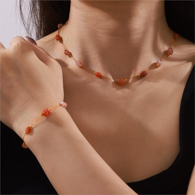 Irregular Real Natural Agate Stone Bead Combining Stainless Steel Necklace Bracelet For Women Luxury Elegant Women's Zircon Set