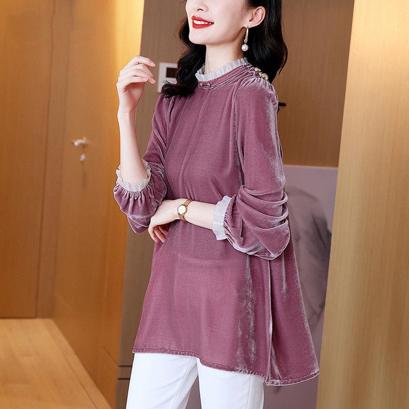 Gold Velvet Shirt Women's New Spring Style Loose High-quality Solid Color Fungus Collar Mid-length Top