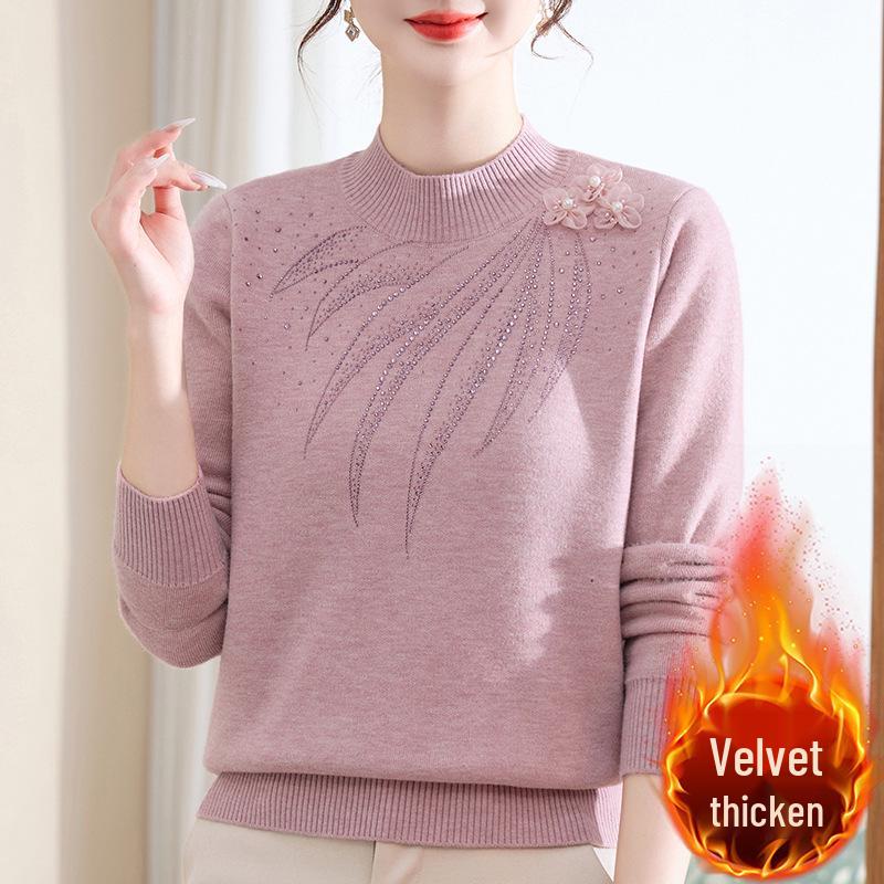 Mom's Warm Velvet Knit Sweater for Autumn & Winter - Ideal for Middle-aged & Elderly