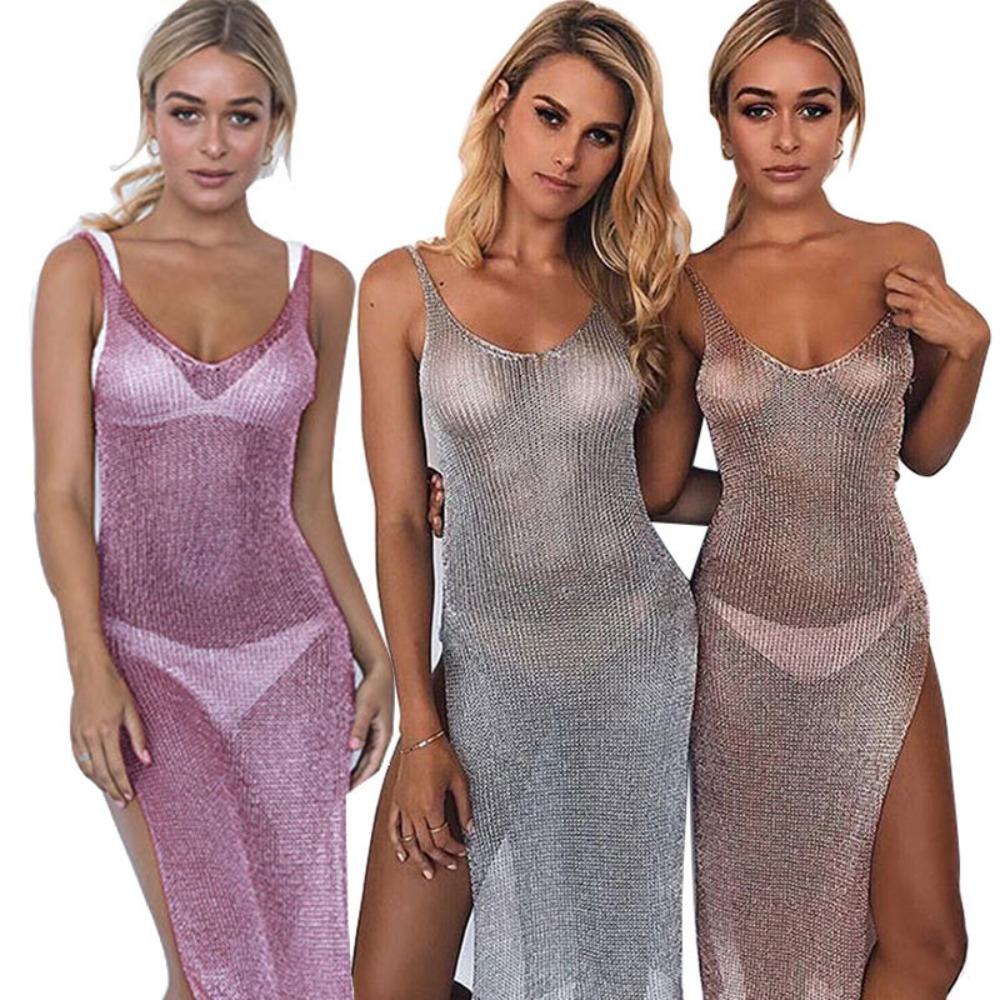 Damen V-Ausschnitt Ärmellos Schimmerndes Maxikleid Schmale Passform Hoher Schlitz Strand-Überwurf