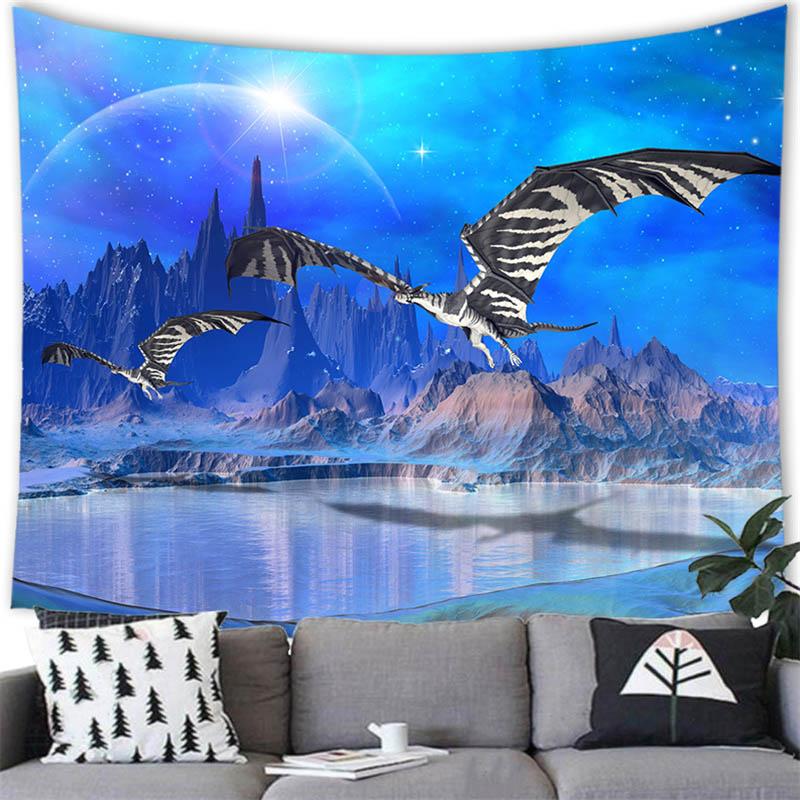 

Гобелен с летающим драконом, древние дикие животные, занавеска с огнедышащим динозавром, замок с луной, украшение для спальни и дома 100X75CM