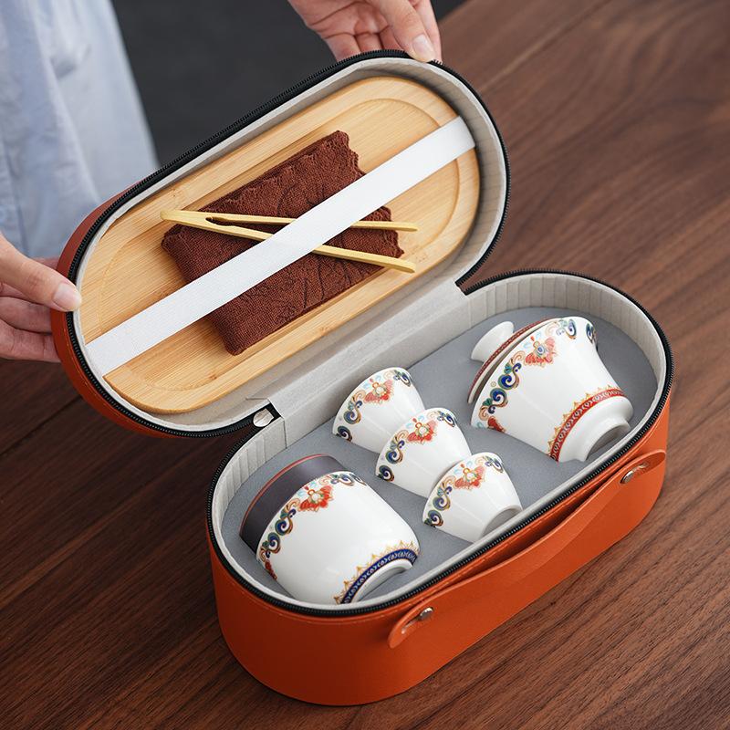 mutton fat jade red Dunhuang gaiwan travel tea set kung fu tea set teapot car fast passenger