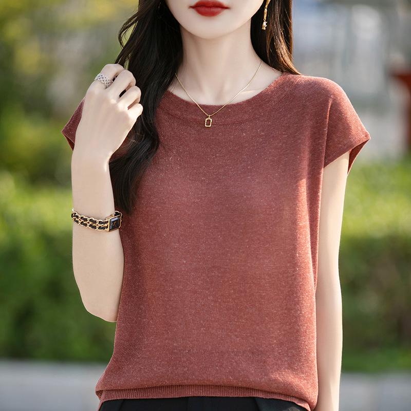 Women's V-Neck Lyocell Linen Knit T-Shirt - Spring/Summer 2026