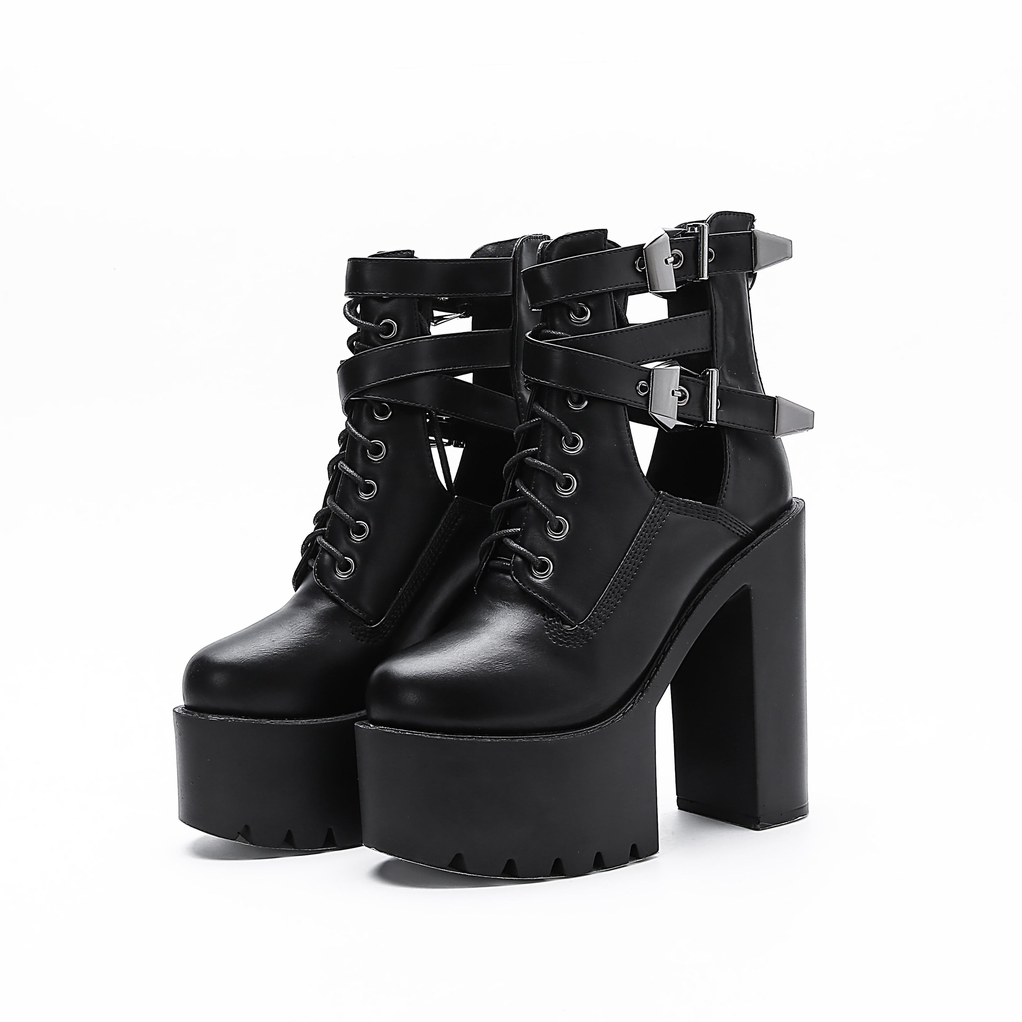 

Сексуальная женская обувь для ночного клуба с пряжкой, ботильоны на высоком каблуке с вырезами, ботильоны на платформе, готические черные кожаные женские полусапожки 34 чёрный