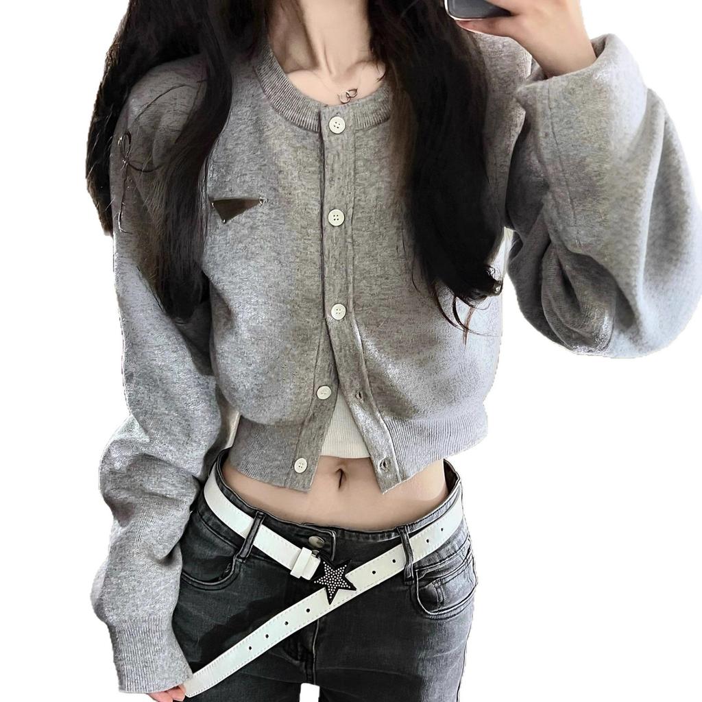 Autumn new women's clothing high sense cold department short coat gray knitted cardigan chic design sense