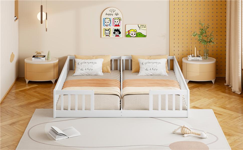 Paneelbett, 90 x 200 cm, Kinderbett mit Rausfallschutz, Ohne Lattenrost (ohne Matratze), für Familien mit zwei Kindern, Kiefernholz, Weiß
