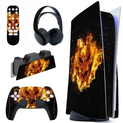 Pegatinas Personalizadas para Consola PS5 Edición de Disco PlayVital, Pegatinas para PS5, Mandos de PS5, Estaciones de Carga, Auriculares y Mandos Multimedia [Demonios de Fuego]