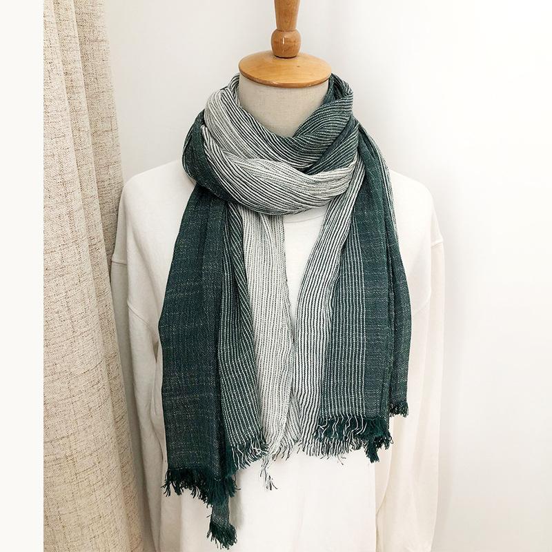 Écharpe Rayée en Coton et Lin Style Littéraire Japonais Coréen Écharpe Couple Mori pour Femmes Quatre Saisons Hommes Tendance