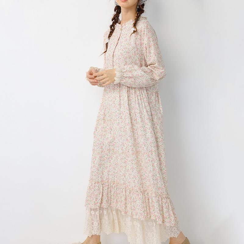 Spring Women's Mori Style Floral Cotton Linen Long Dress with Ruffle Patchwork