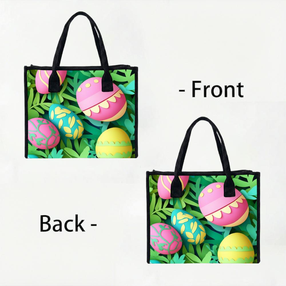 Easter Egg Pattern Tote Bag Cute Green Leaf Print Daily Use Portable Fashion Casual Shopping Handbag
