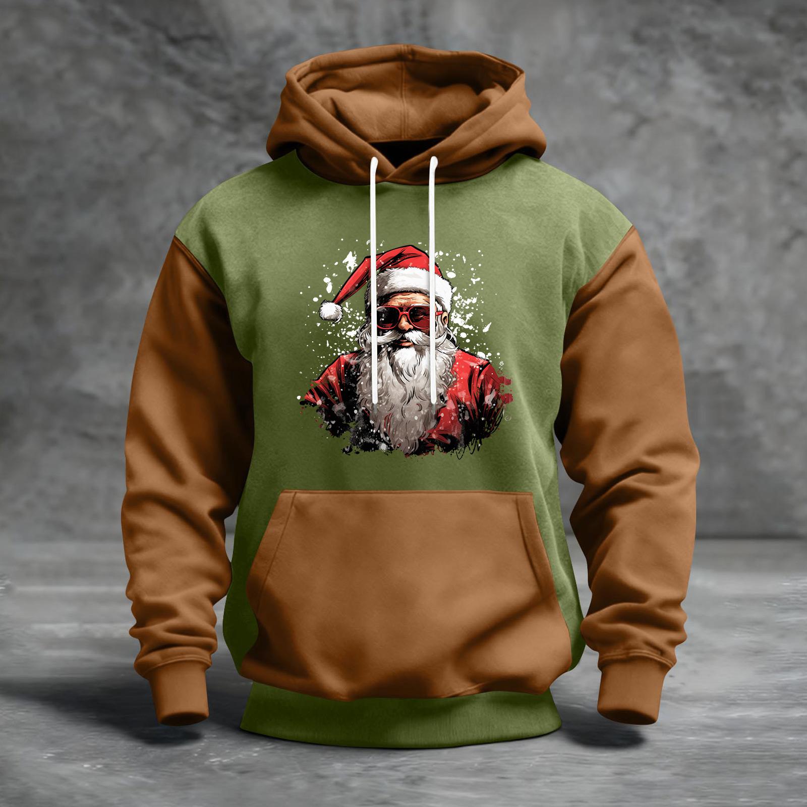 

Мужской рождественский свитшот с капюшоном, повседневный, спортивный, удобный, с цветными блоками и принтом M кофейный