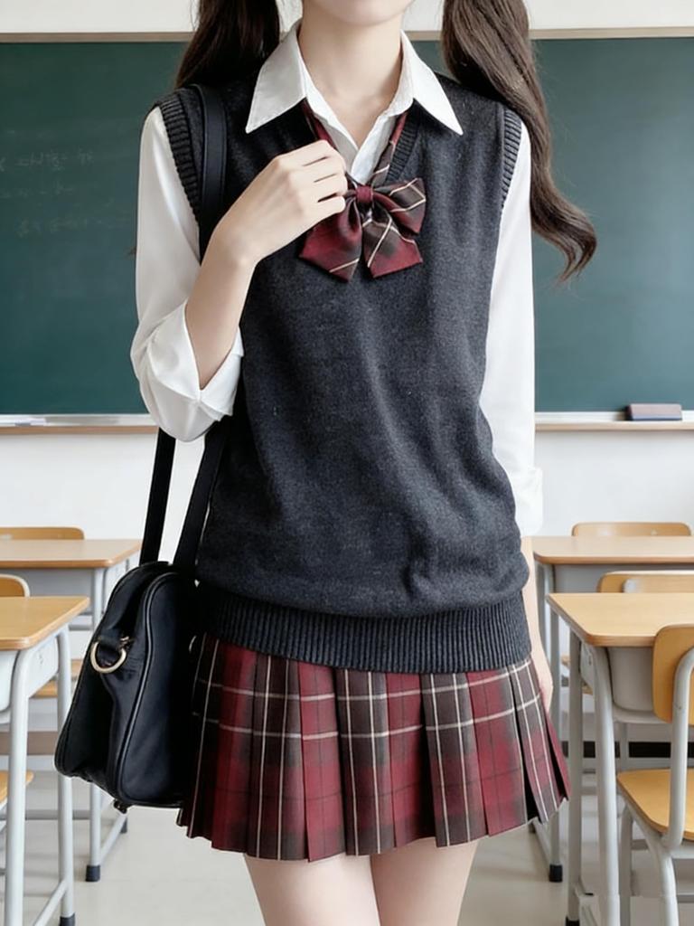 Sivrusn High School Girl Cosplay Uniform with Knit Vest and Checkered Mini Perfect for Entrance School and Cultural Dark Size S V-Neck Skirt, Length,