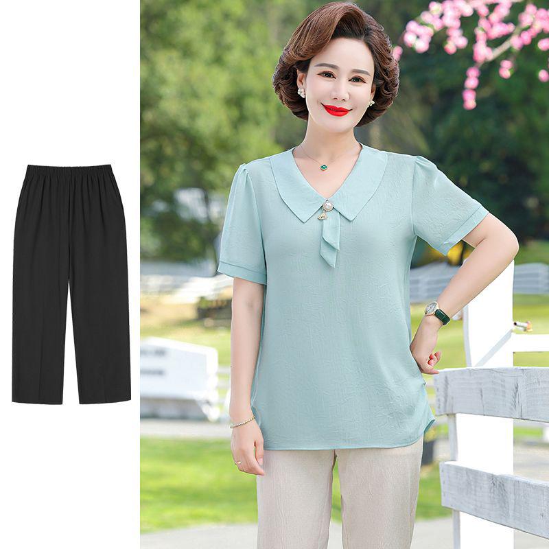 Mom's Stylish Summer Two-Piece Set: Chiffon Top & Short Sleeve T-Shirt for Middle-Aged Women