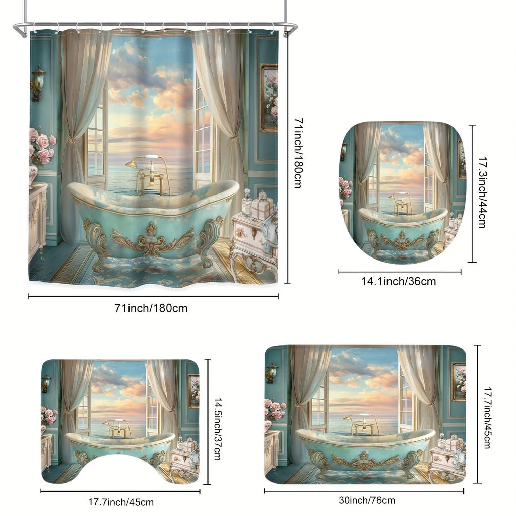Duschvorhang: Luxuriöser Meerblick mit Vintage-Badewanne und ruhigem Sonnenuntergang für eine elegante Badezimmerdekoration