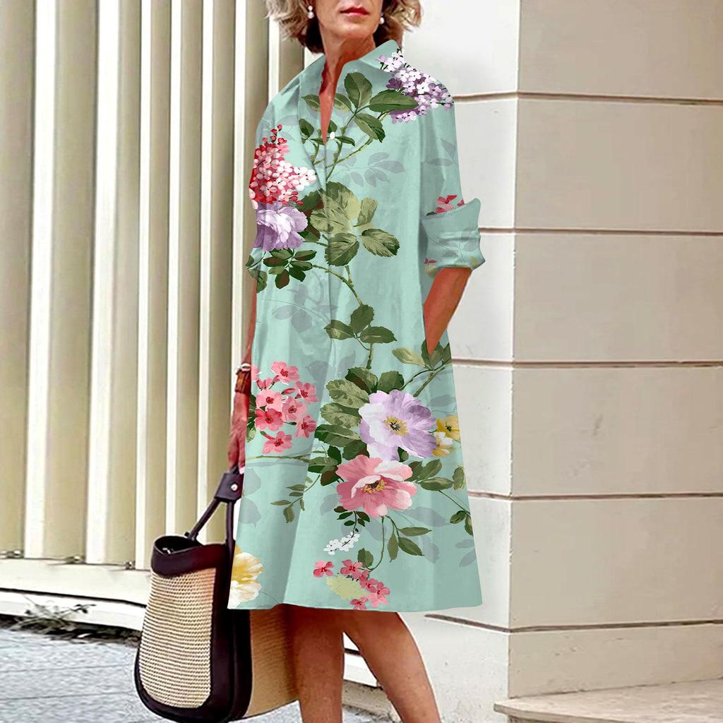 2023 Retro Kwiecista Jednorzędowa Sukienka Koszulowa dla Miejskich Kobiet
