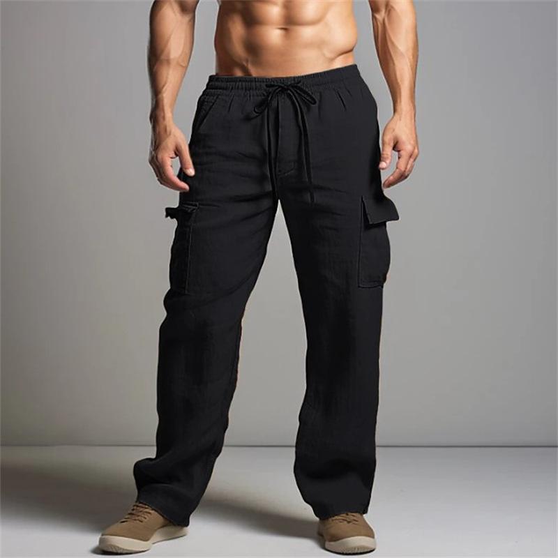 Herren Übergröße Arbeitskleidung Mehrere Taschen Einfarbig Frühling und Herbst Locker Kordelzug Atmungsaktiv Batik Weites Bein Hose