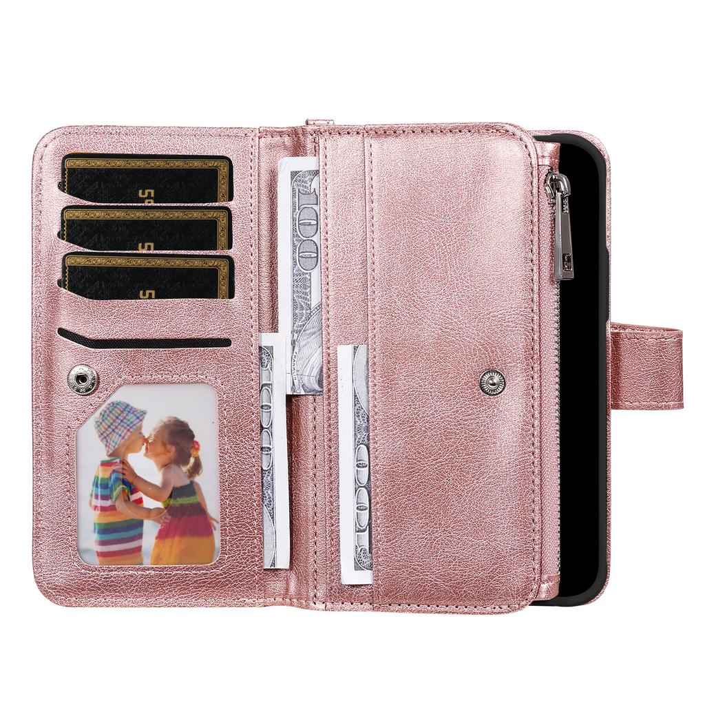 For iPhone 16 Plus Magnetic Leather Case Mobile Cover with Detachable Zipper Wallet Strap
