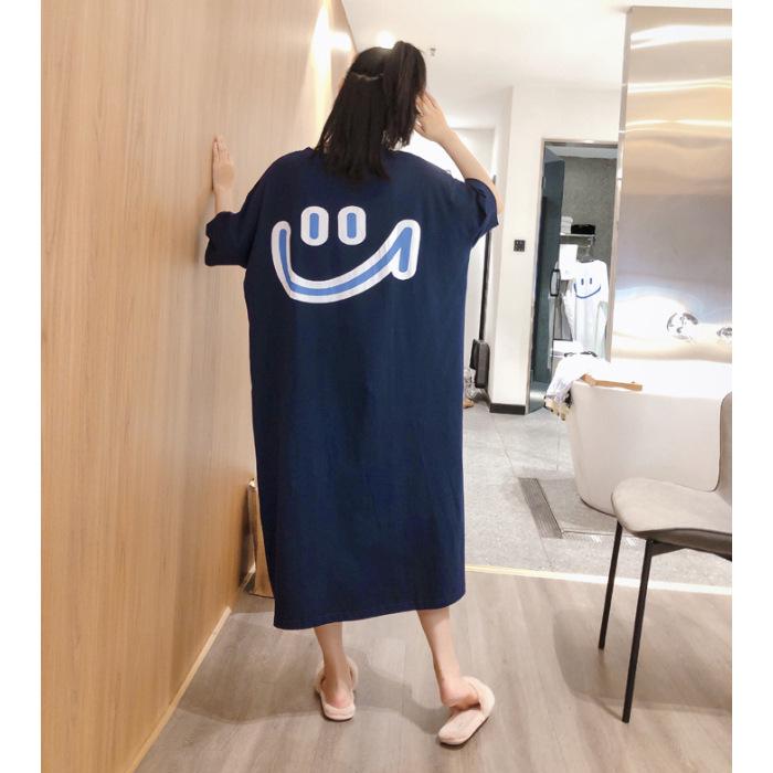 Korean Women's Loose Fit Smiley Face Mid-Length T-Shirt Dress