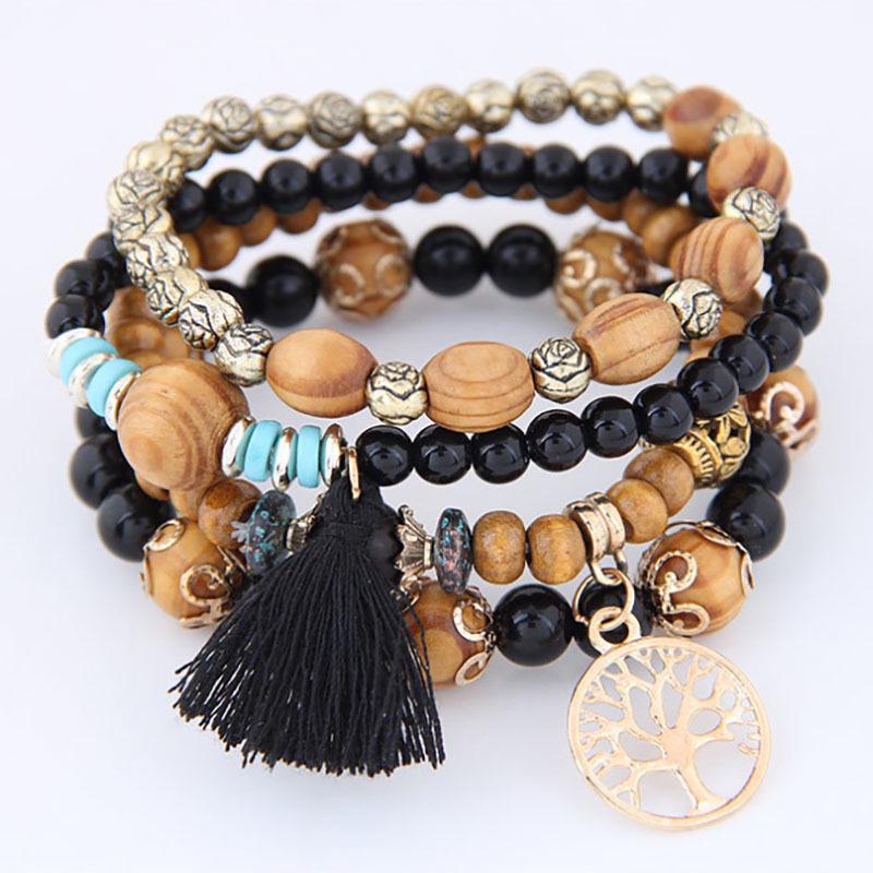 DIEZI Ethnic Tassel Crystal Beads Bracelets for Women Girls Gift Elastic Rope Shell Leaves Charm Wrap Bracelet pulseira feminina