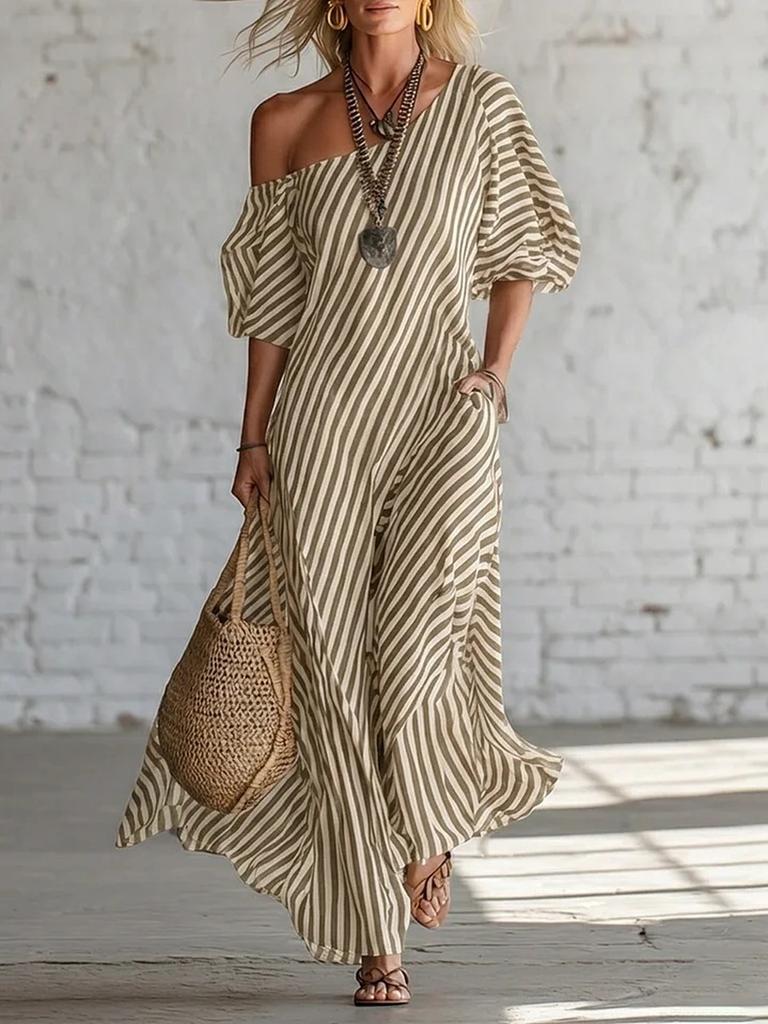 New Arrival Women's Spring Elegant Striped Off-Shoulder Dress