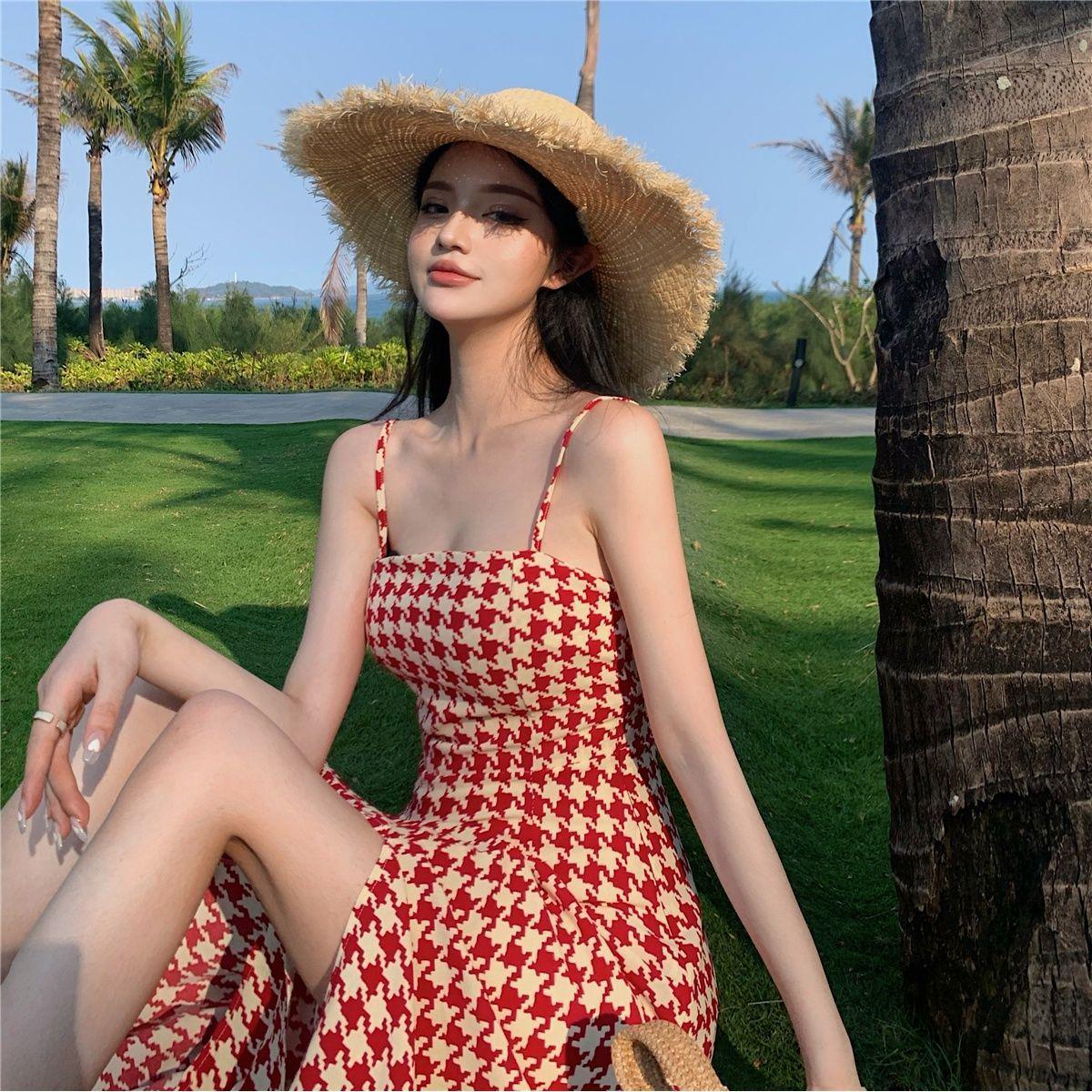 Elegant French Houndstooth Camisole Dress - Petite, Summer 2026 S [Recommended for 40-48 kg]