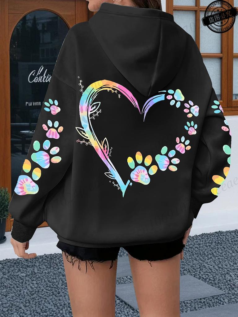 Herz Hundepfote Aufdruck Hoodies Damen Lässig Mode Alleskönner Kapuzenpullover Fleece Warm Neue Pullover Harajuku Trend Kapuzenpullover