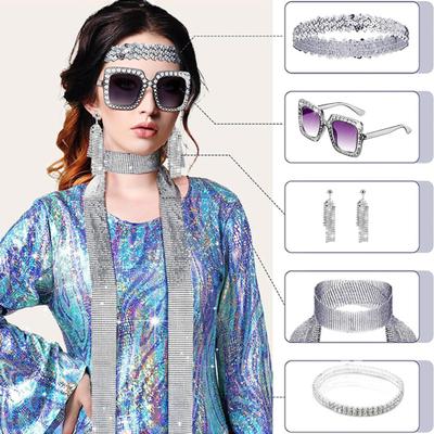 Women Hippie Costume Accessories Sequin Jewelry Set Earrings Glasses Headband Bracelet Disco Party Outfits 1970s Prom Bling Decor
