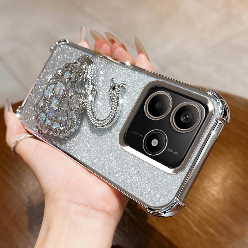 KEYSION Shockproof Plating TPU Phone Case for Remdi Note 14 4G 5G Glitter Jewelled Swan Kickstand Cover for Redmi Note 14