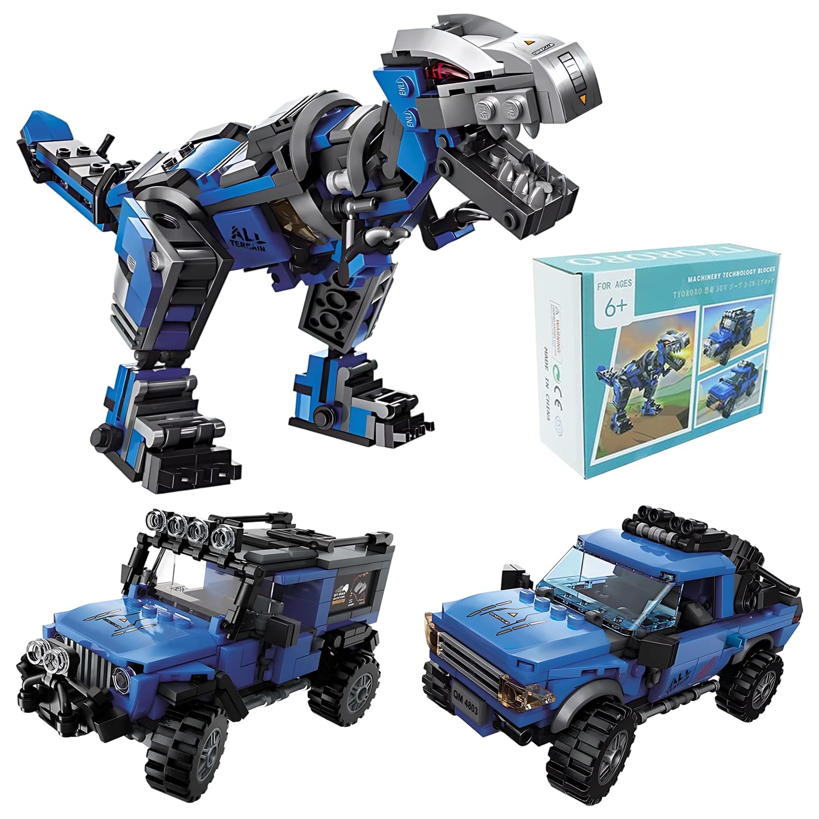 

CANDYCOOL 3-in-1 Transforming Building Blocks Dinosaur Robot Toy with Tyrannosaurus, Jeep, and Truck, 375 Pieces, Educational Toy for STEM Education,