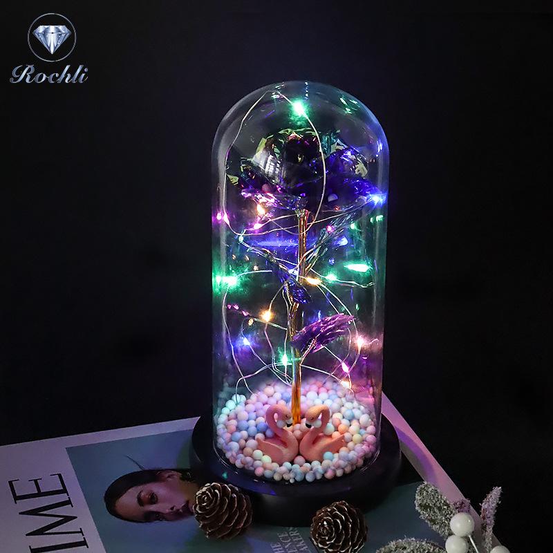 Rose Flower Preserved in Glass Dome with Night Light - Mother's Day or Birthday Gift Ornament