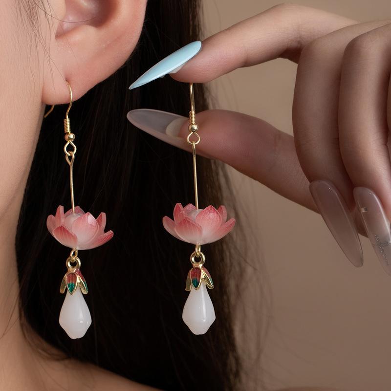 Antique New Chinese Long Earrings Imitation Pearl Water Drop Lotus Earrings Women'S National Tide Elegant Retro New Chinese Earrings